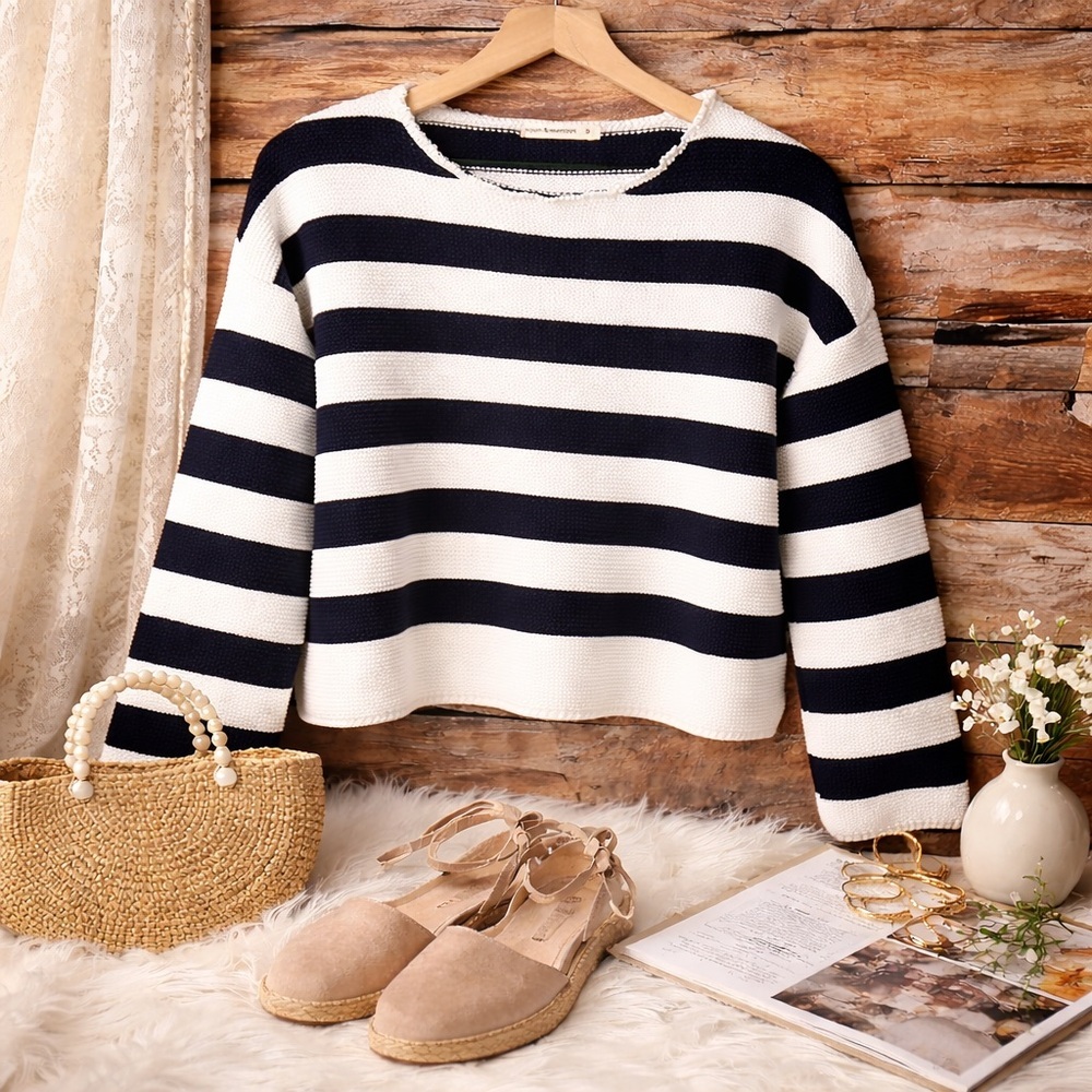 Moon & Madison Navy and White Knit Top (003)